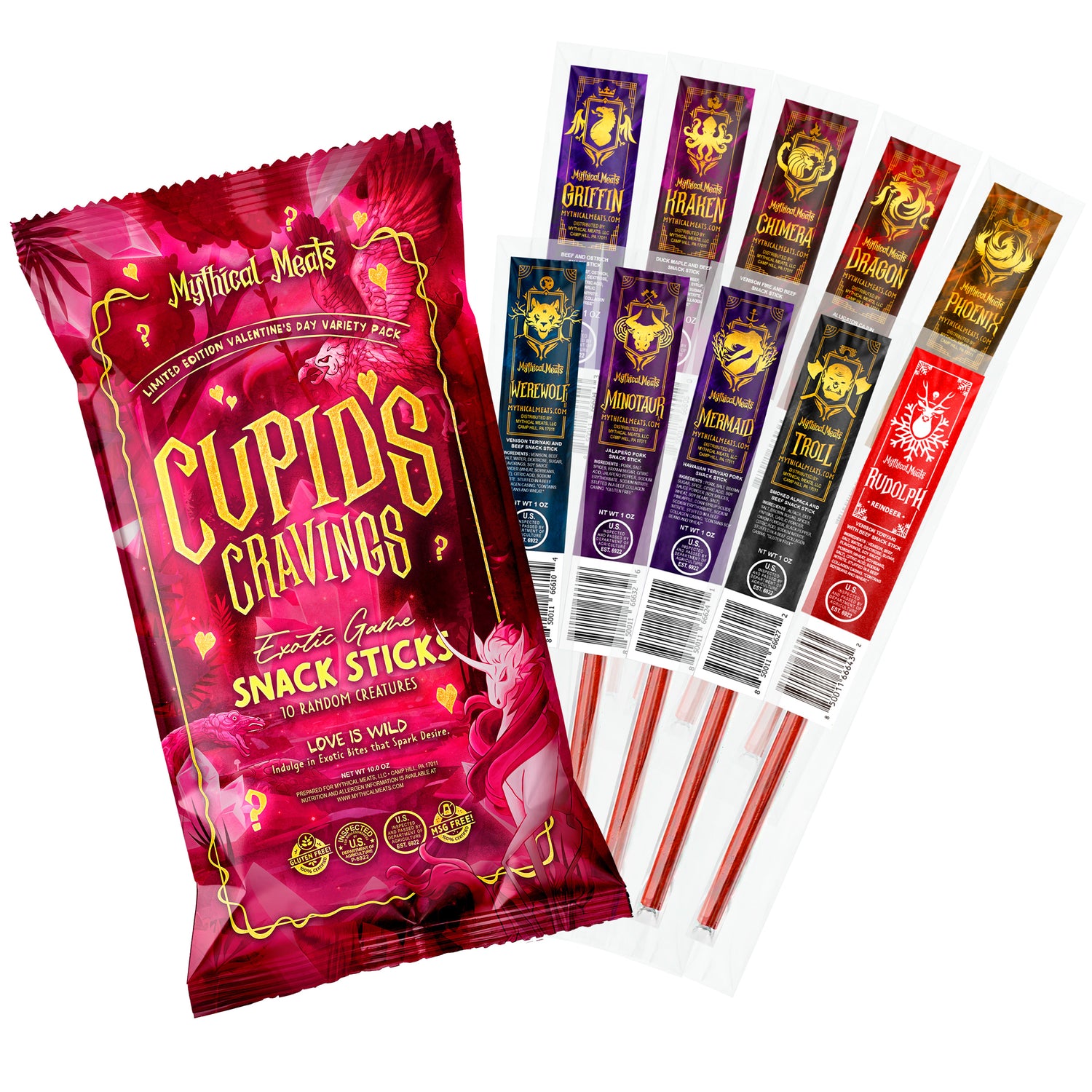 Mythical Meats® Cupid's Cravings Valentines Day Sampler Pack - 10 Exotic Game Snack Sticks!-Mythical Meats