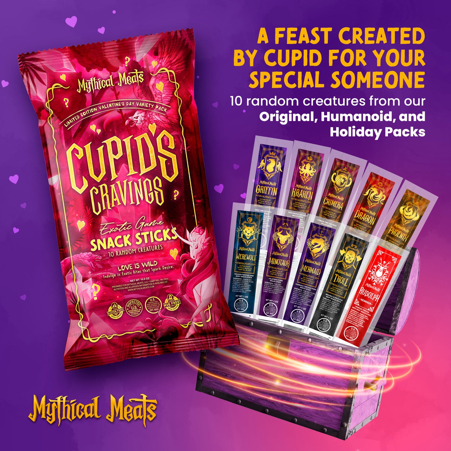 Mythical Meats® Cupid's Cravings Valentines Day Sampler Pack - 10 Exotic Game Snack Sticks!-Mythical Meats