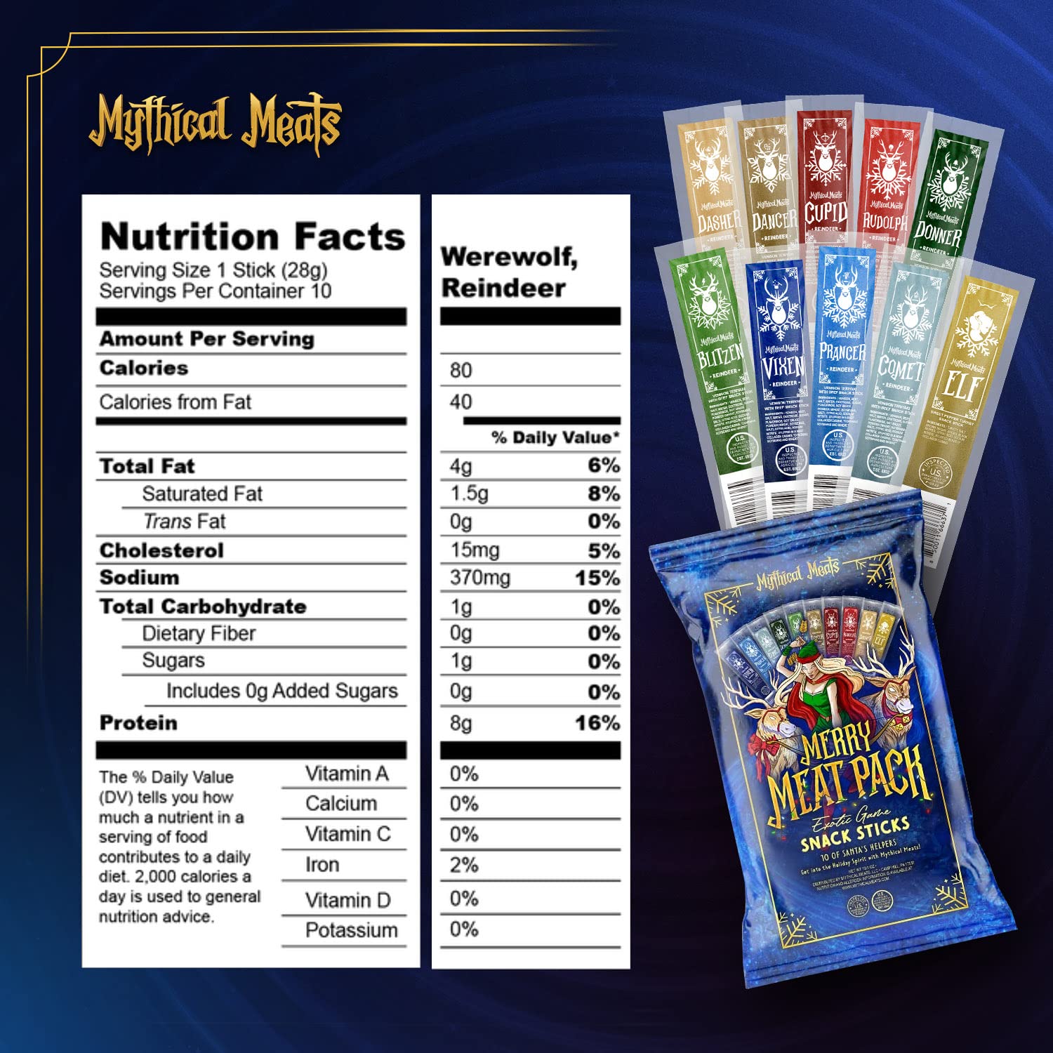 Mythical Meats Merry Meat Limited Edition Snack Pack - (10) 1 Ounce Individually Wrapped Meat Sticks-Mythical Meats