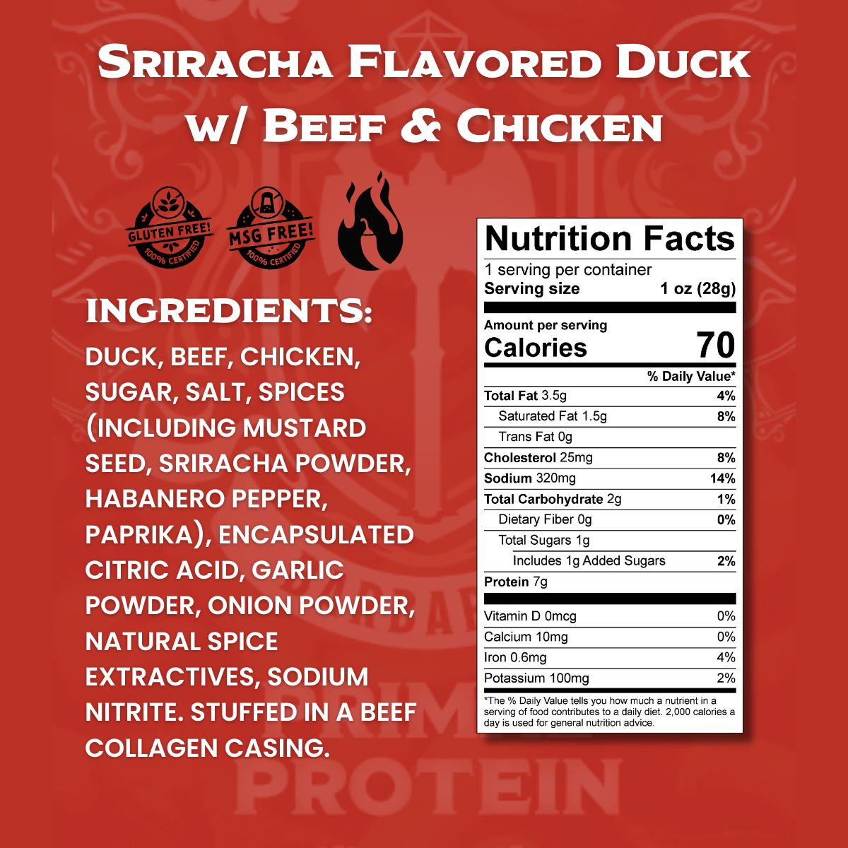 Close-up of Sriracha duck, beef and chicken snack stick ingredients and nutrition label