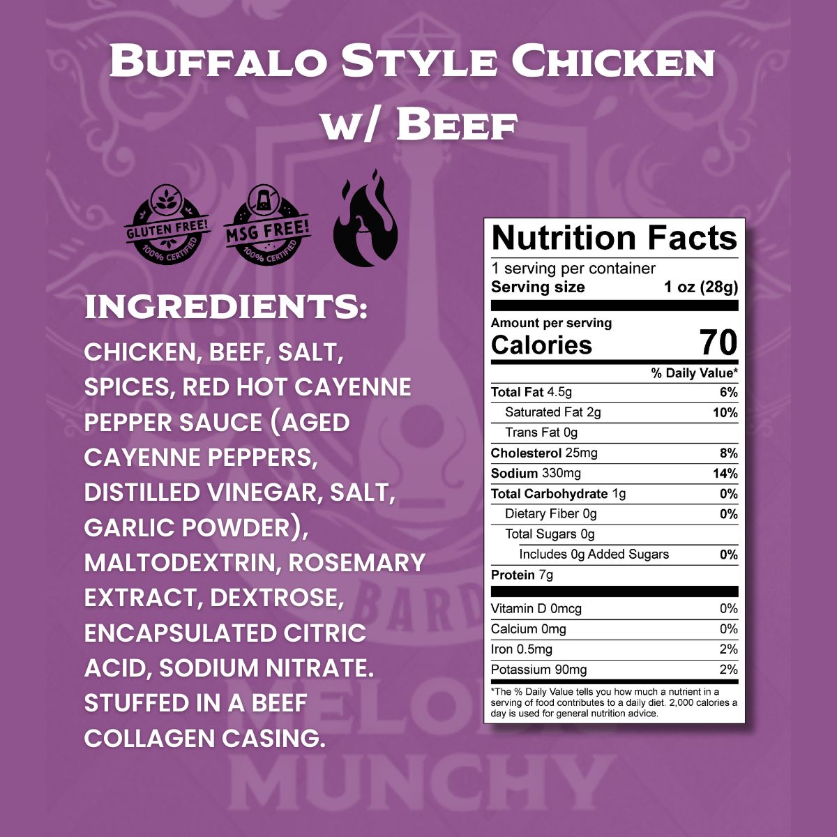 Close-up of buffalo style chicken and beef snack stick ingredients and nutrition label