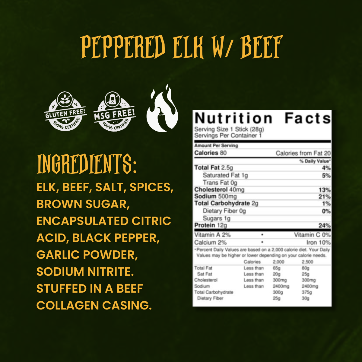 Close-up of Peppered Elk & Beef snack stick ingredients and nutrition label