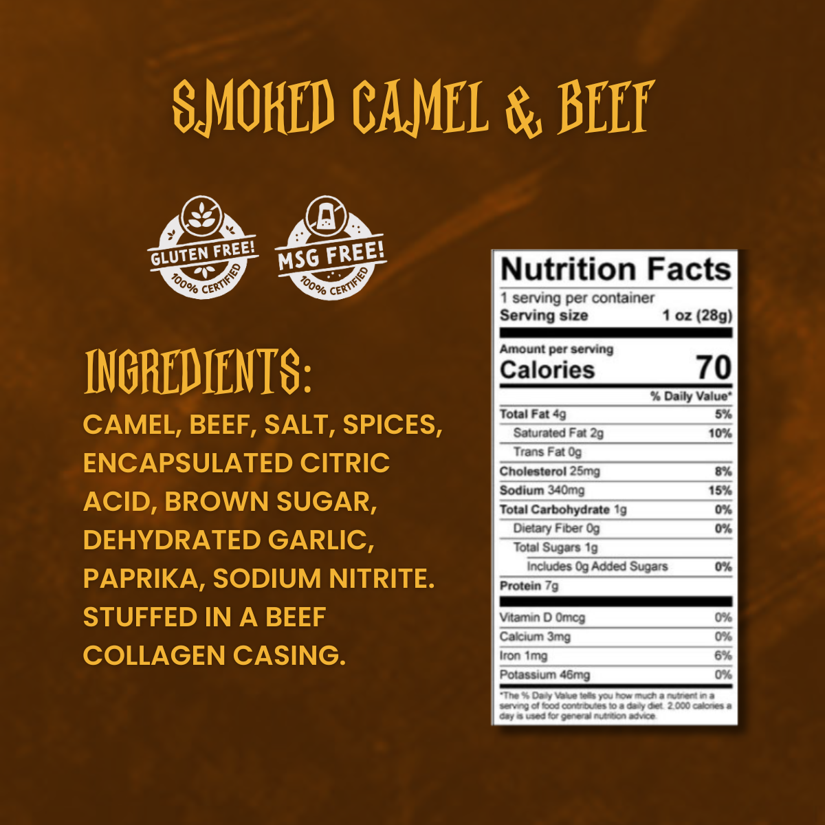 Close-up of Smoked Beef & Camel snack stick ingredients and nutrition label