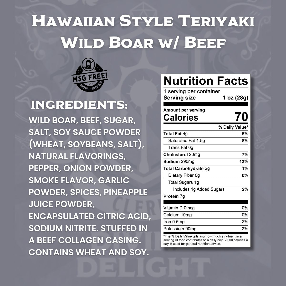 Close-up of Hawaiian Teriyaki wild boar and beef snack stick ingredients and nutrition label
