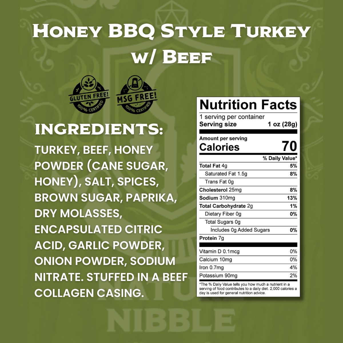 close-up of Honey bbq turkey and beef snack stick ingredients and nutrition label