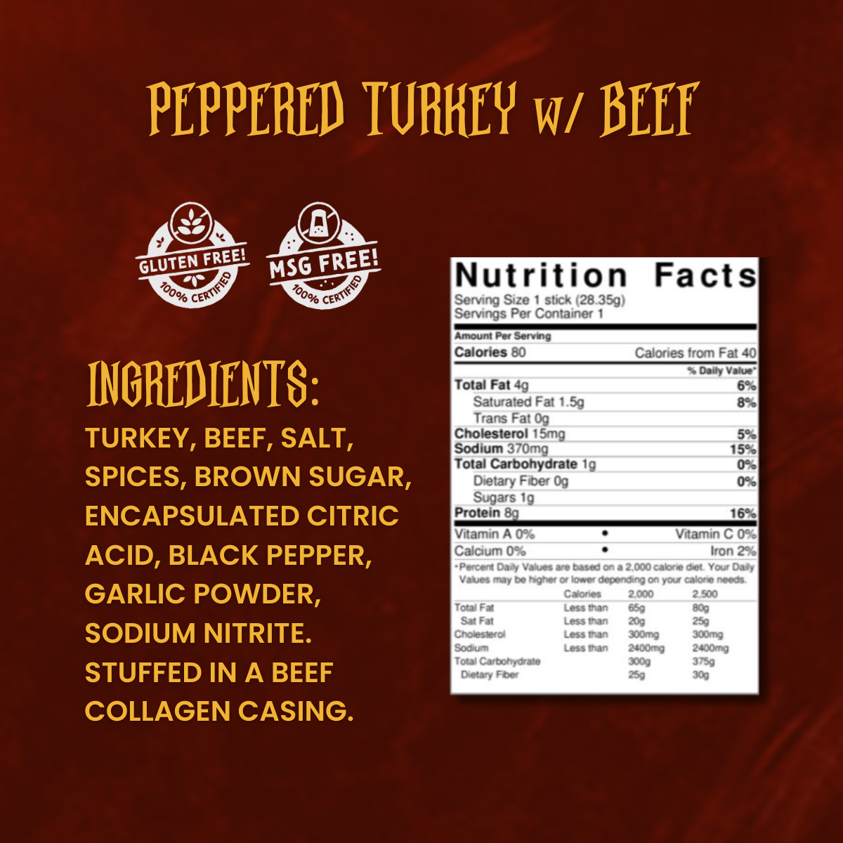 Close-up of Peppered Turkey & Beef snack stick ingredients and nutrition label