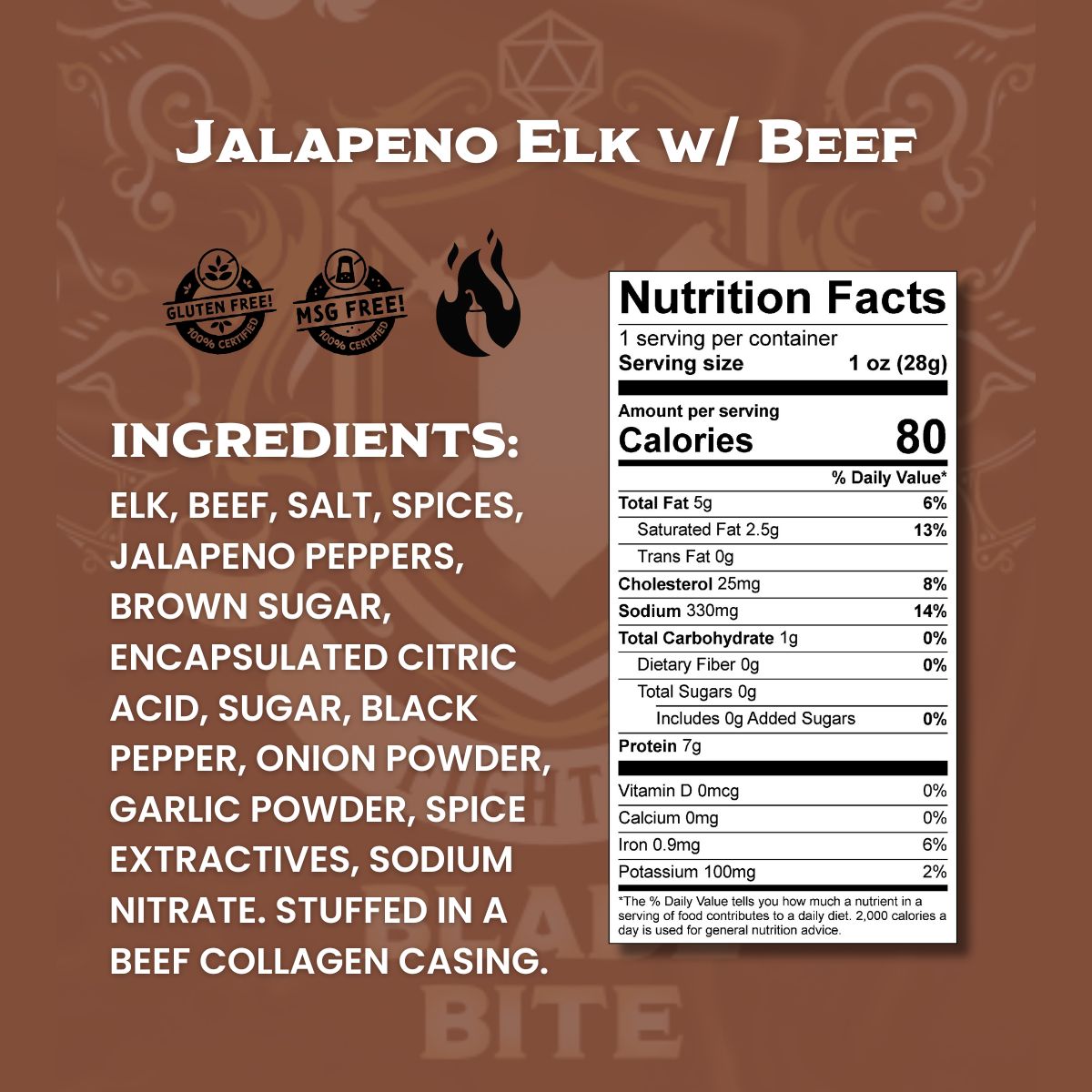 Close-up of jalapeno elk with beef snack stick ingredients and nutrition label