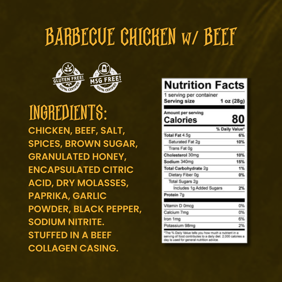 Close-up of BBQ Chicken & Beef snack stick ingredients and nutrition label