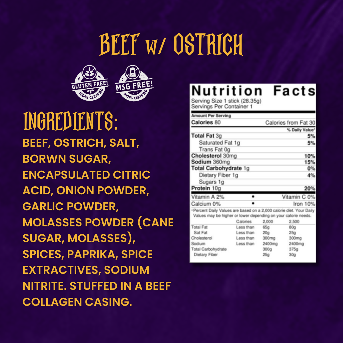 Close-up of Beef & Ostrich Snack Stick ingredients and nutrition label