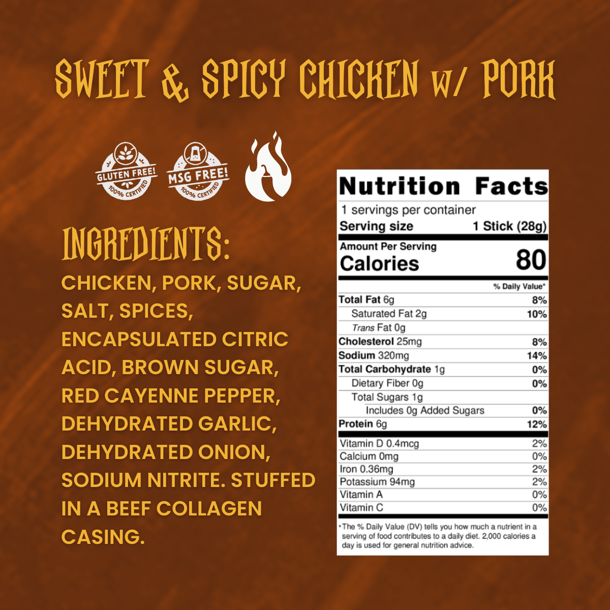Close-up of Sweet Spicy Chicken Snack Stick ingredients and nutrition label