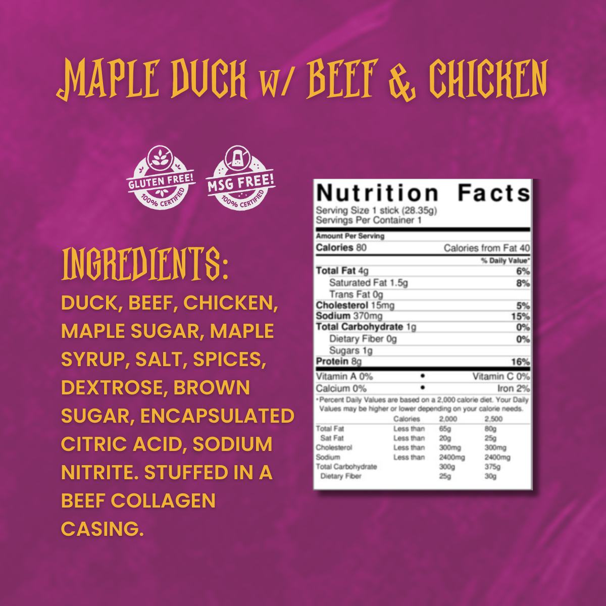 Close-up of Maple Duck & Beef Snack Stick ingredients and nutrition label