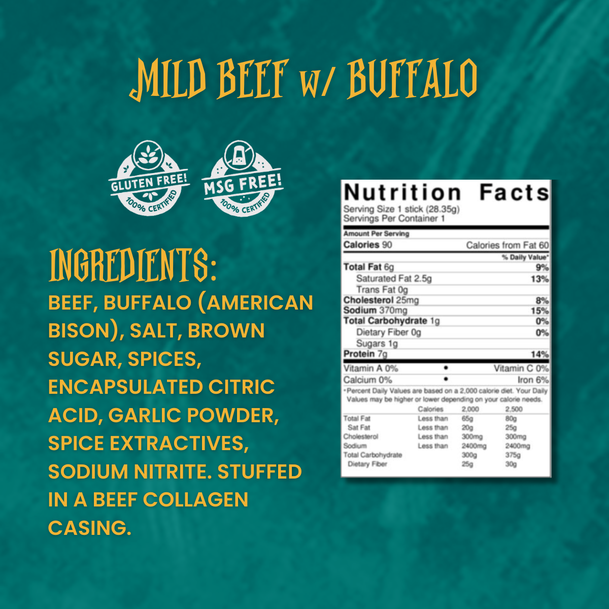 Close-up of Mild Beef & Buffalo Snack Stick ingredients and nutrition label