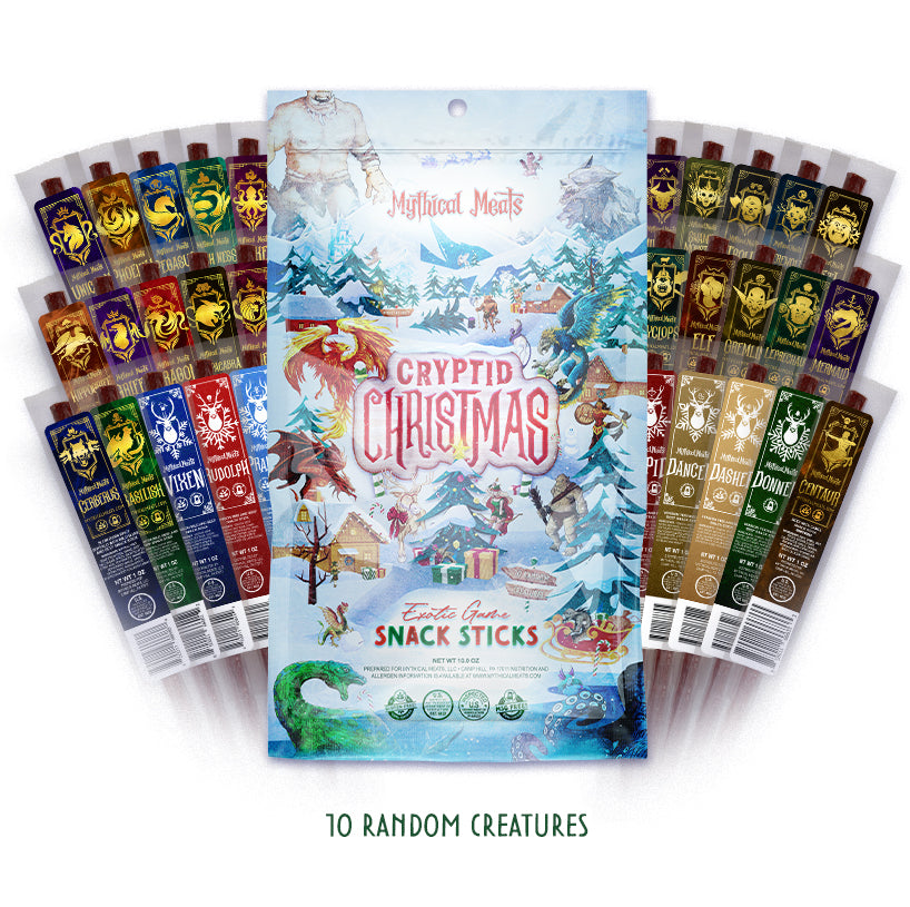 Mythical Meats Cryptid Christmas Pack – Exotic Jerky Gift Bag with 10 Random Meat Sticks