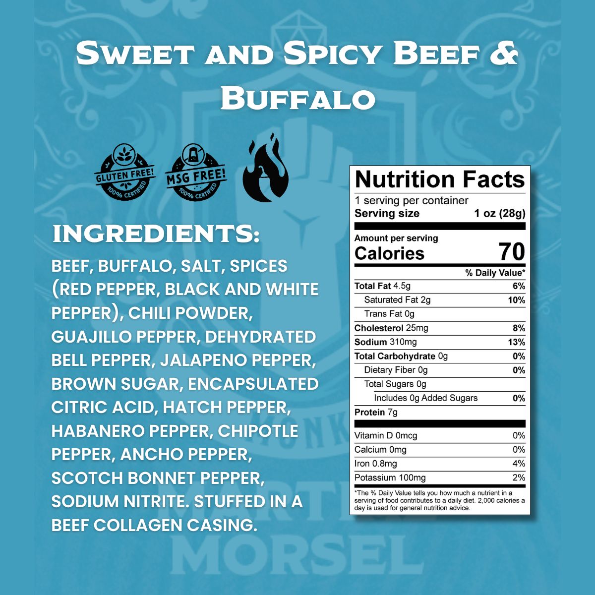 Close-up of sweet and spicy beef and buffalo snack stick ingredients and nutrition label
