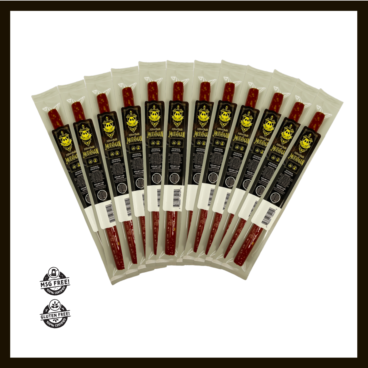 12-pack box of Mothman pork pepperoni snack sticks