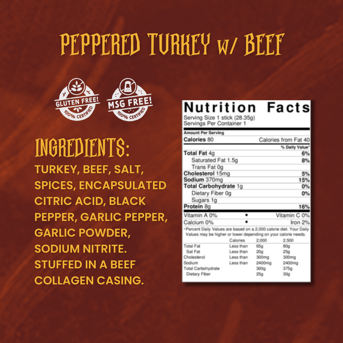 Close-up of Peppered Turkey & Beef snack stick ingredients and nutrition label