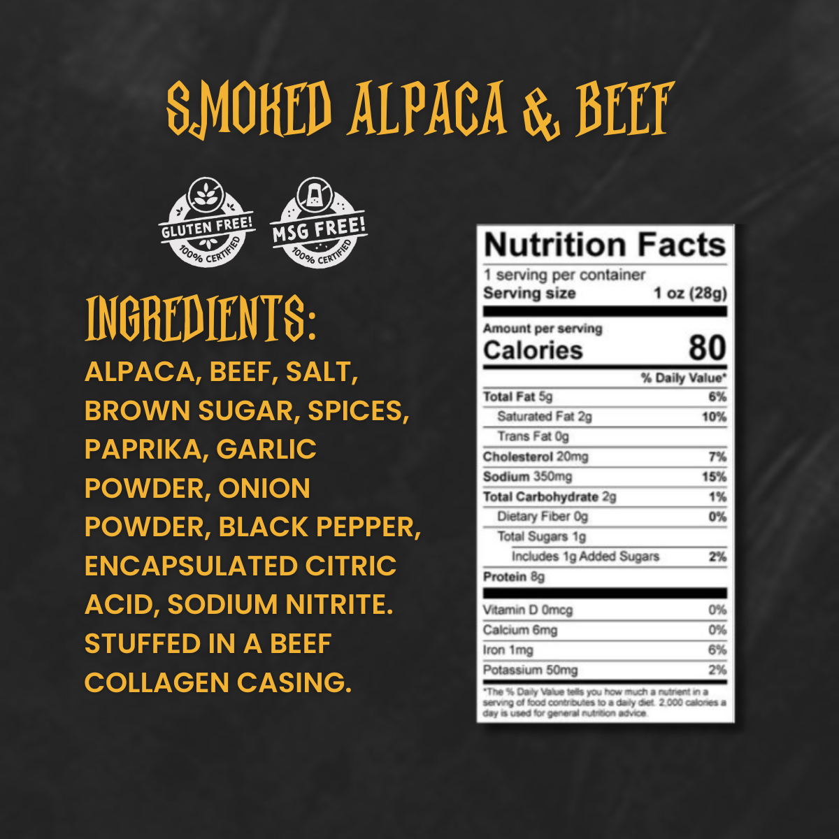 Close-up of Smoked Beef & Alpaca snack stick ingredients and nutrition label