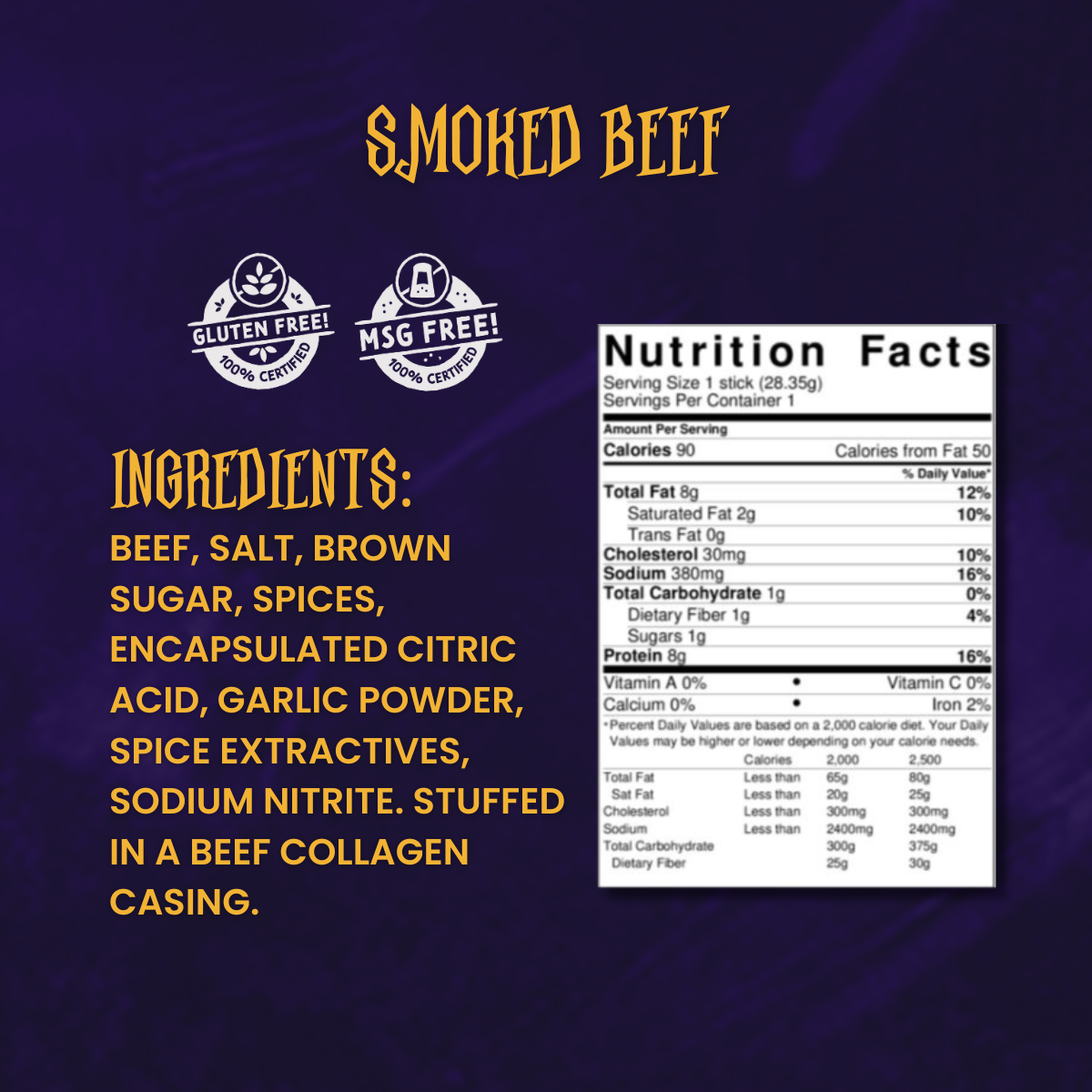 Close-up of Smoked Beef snack stick ingredients and nutrition label