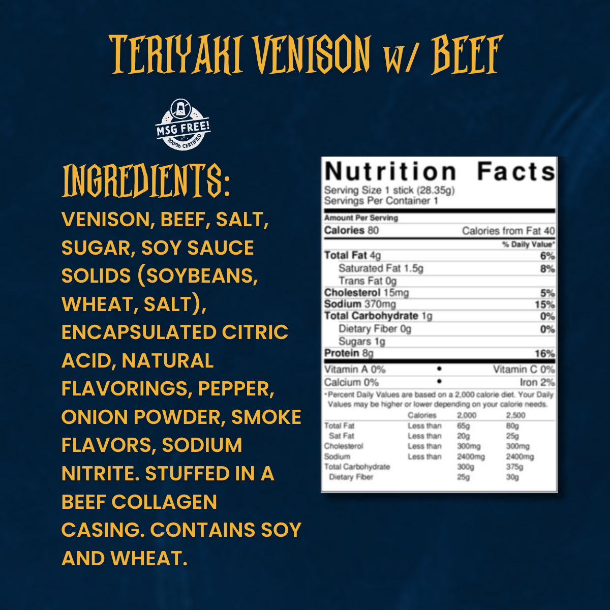Close-up of Teriyaki Venison & Beef snack stick ingredients and nutrition label