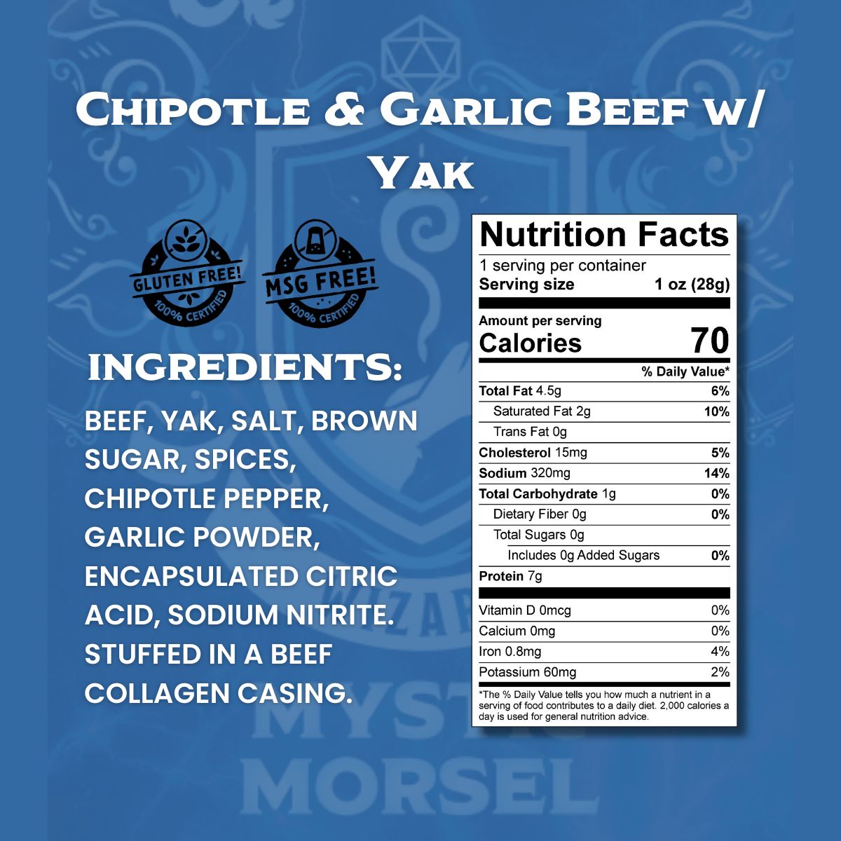 Close-up of Chipotle Garlic Beef and Yak snack stick ingredients and nutrition label