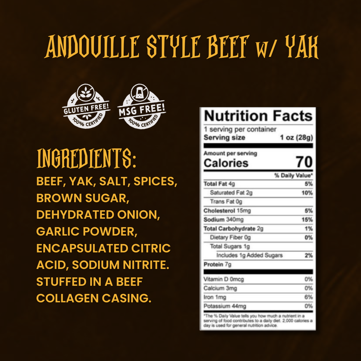 Close-up of Andouille Style Beef & Yak snack stick ingredients and nutrition label